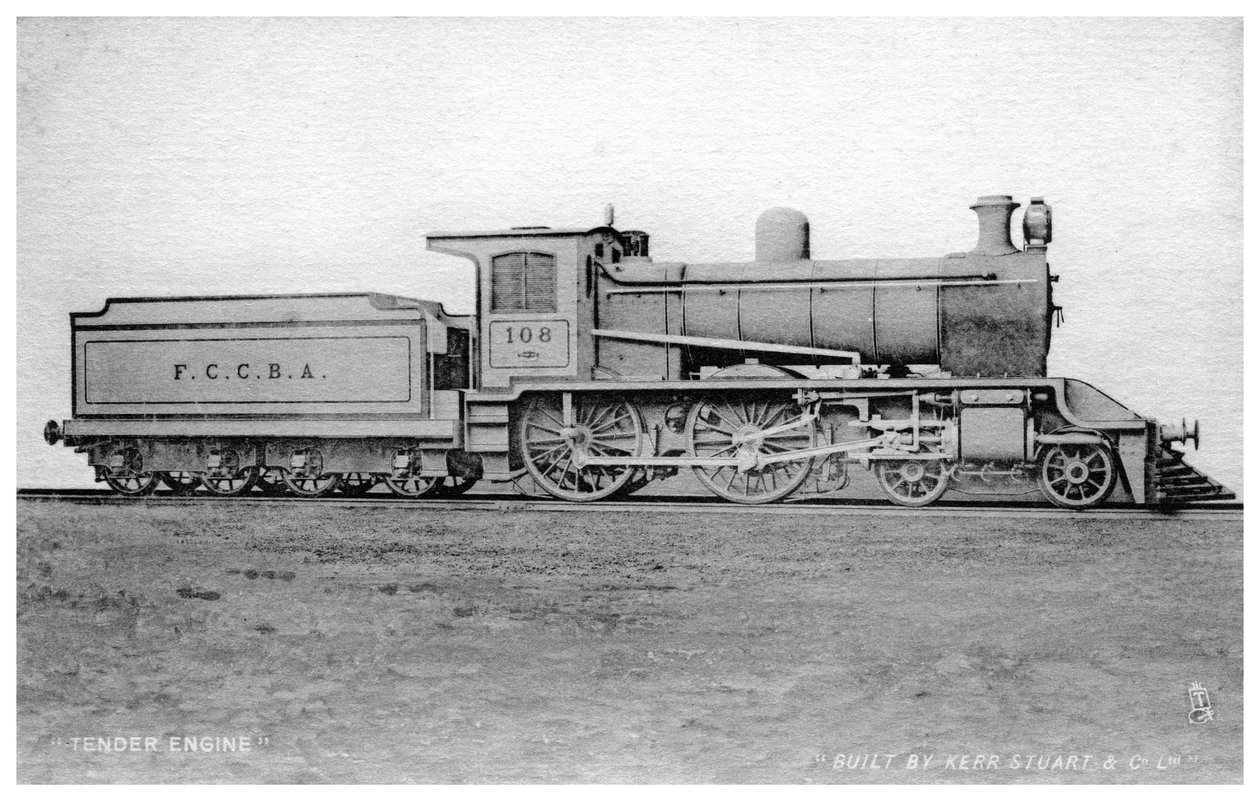 4-4-0テンダーエンジン、カー、スチュアート、Coが20世紀初頭に建設した蒸気機関車。 作： ラファエル・タック