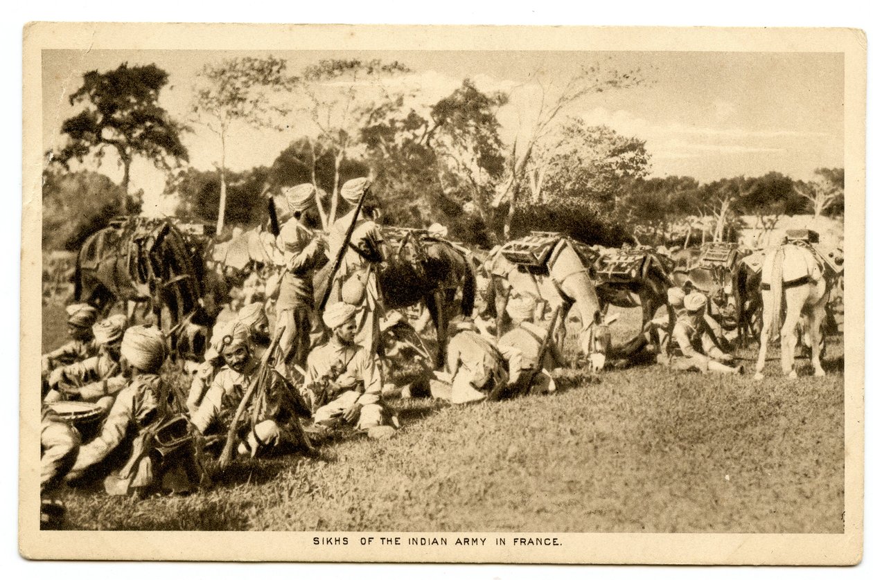 1914〜15年のフランスのインド陸軍のシーク教徒（セピア写真） 作： ラファエルタックアンドサンズ