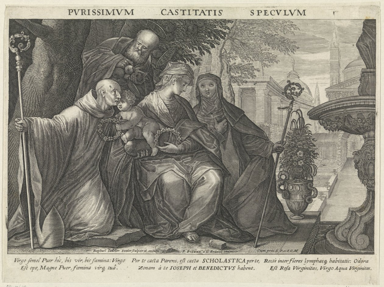聖ベネディクトと聖スコラスティカとの聖家族 純潔の鏡 Pvrissimvm Castitatis Specvlvm (オブジェクトのタイトル) 服従、純潔、貧困の鏡（シリーズタイトル） 作： ラファエル・サデラー（II）