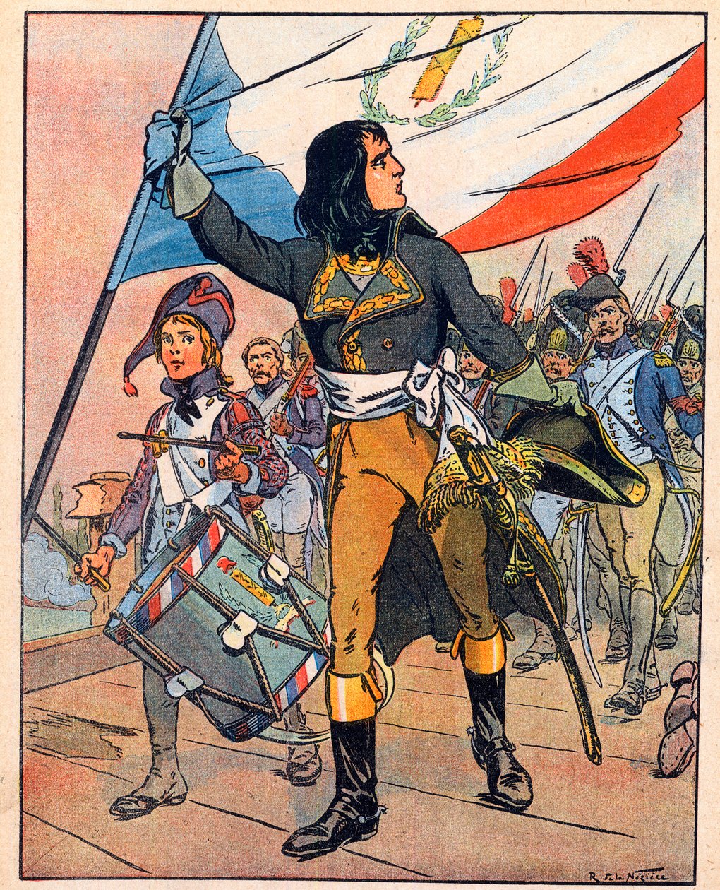 最初のイタリア遠征：ナポレオン・ボナパルト（1769-1821）、1796年11月、アルコール橋の戦い」（1920年頃の「Nos-Gloires-Nationales」より引用）（エングレーヴィング 作： レイモン・ド・ラ・ネジエール