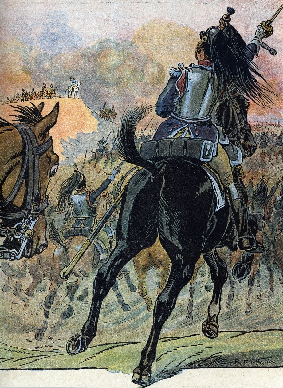 第五連合戦争「ヴァグラムの戦い（1809年7月5-6日）」（ナポレオン戦争：ワグラムの戦い（1809年7月5-6日）」 レイモン・ド・ヌジエールによる挿絵（「我らの栄光-国民」1920年 DR個人蔵 作： レイモン・ド・ラ・ネジエール