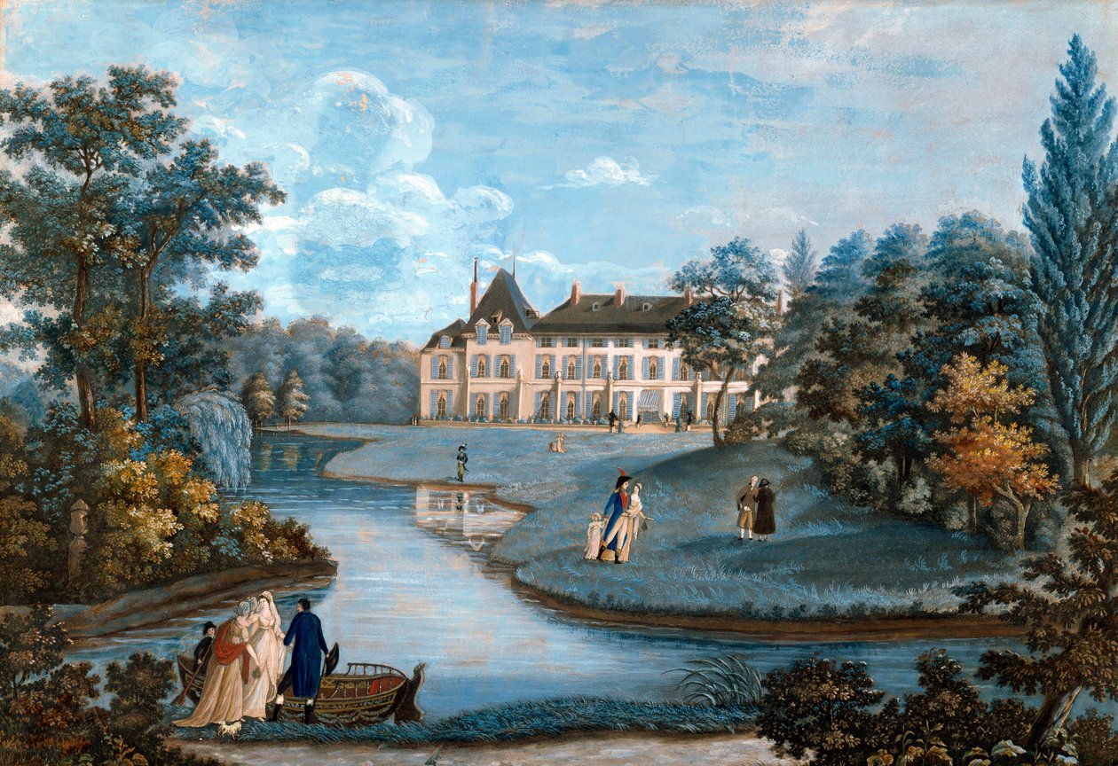 マルメゾン城のファサードと公園の眺め。 レジーナ・キャサリン・キャリーの水彩画。 19世紀初頭。 マルメゾン。 ミュゼ ドゥ シャトー (Musee Du Chateau) - マルメゾン城の正面と公園の眺め。 レジーナ・キャサリン・キャリーの水彩画。 早い 作： レジーナキャサリンケアリー