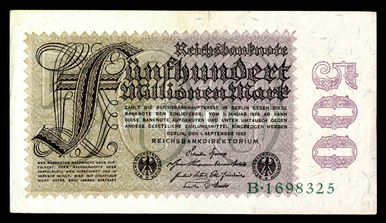 ワイマール共和国のパピエルマルク、第一次世界大戦後のハイパーインフレーション時代（1921–24） 作： ドイツ帝国銀行総局ベルリン