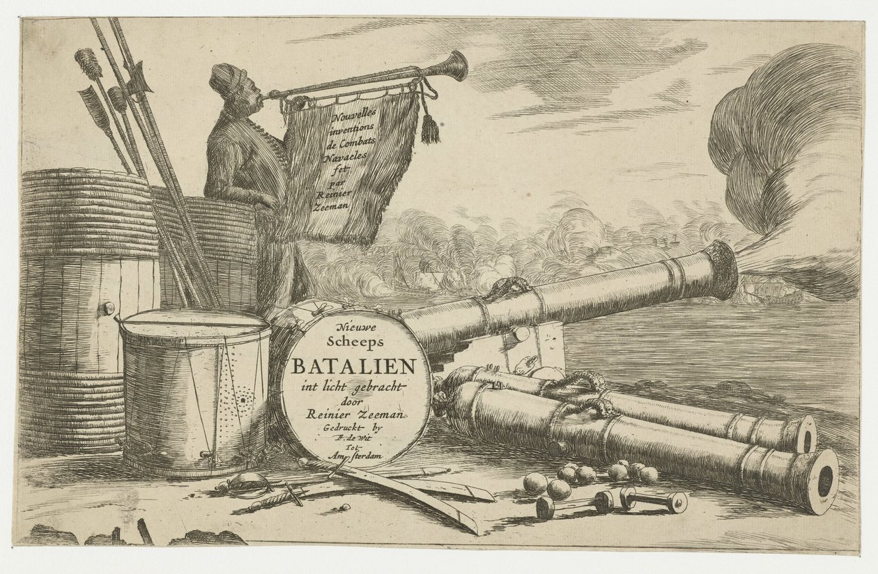 軍艦とトランペッターの装備を備えたタイトルページ Reinier Zeeman による Navaeles の戦闘に関する Nouvellesventions (オブジェクトのタイトル) Reinier Zeeman (オブジェクトのタイトル) によって明るみに出された新しい船 Batalien 新造艦バタリ 作： Reinier Nooms
