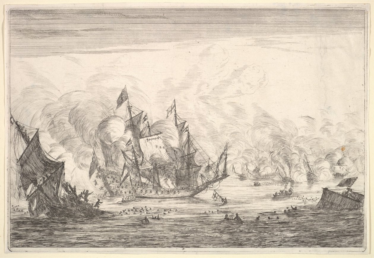 左側にイギリスの船の創設者との海軍の戦い、海軍の戦いNieuwe Sc ...、1652-54から。 作： ライナー・ゼーマン