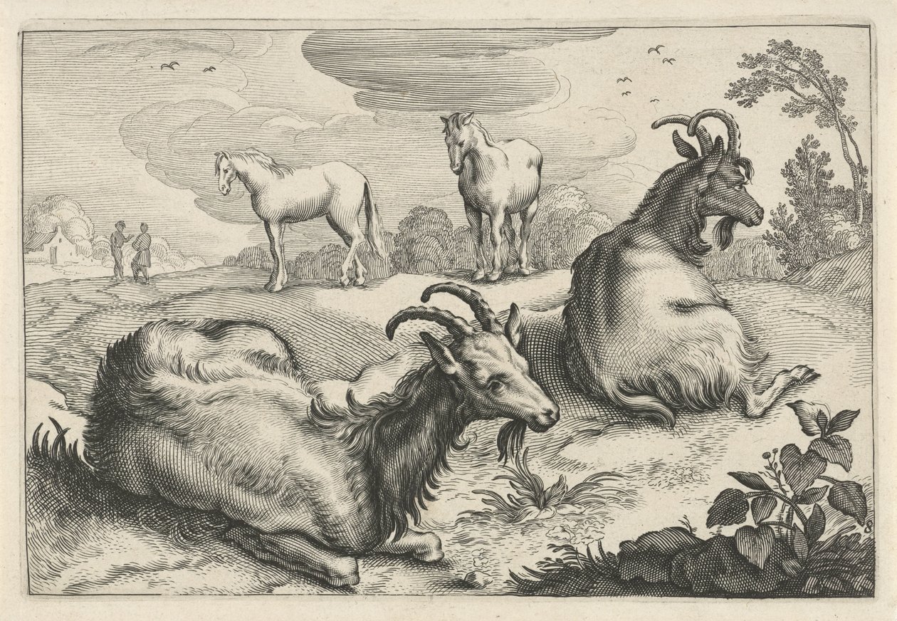 2頭のヤギと2頭の馬のいる風景 Diversa Animalia Quadrupedia (シリーズタイトル) 作： レイニエ・ファン・ペルジン