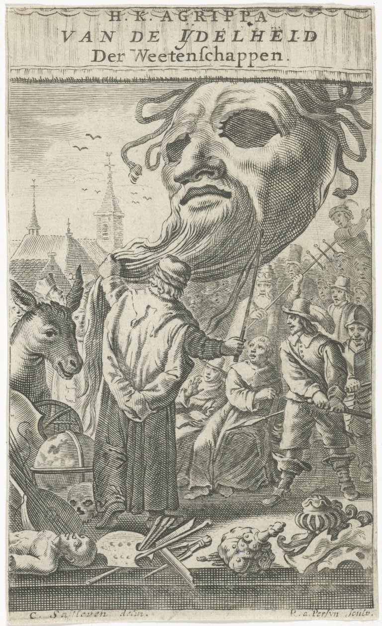 芸術に関する漫画 タイトルページ: J. Oudaen, Agrippa, of the Vanity of the Sciences, 1661 作： レイニエ・ファン・ペルジン