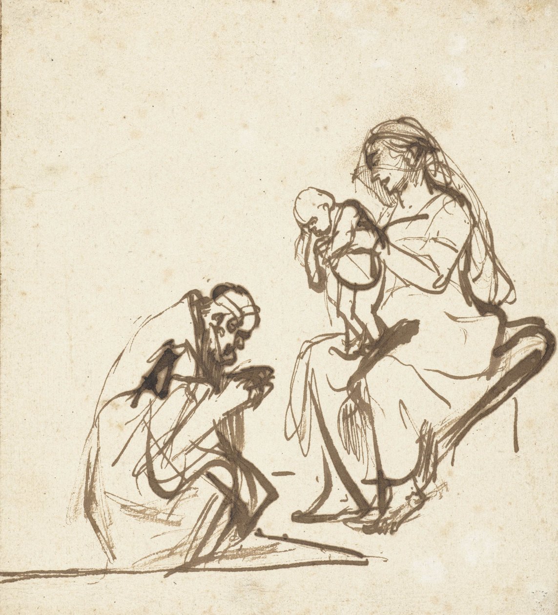 処女と子供を崇拝する3人の王の1人、c.1635-40 作： レンブラント・ファン・レイン