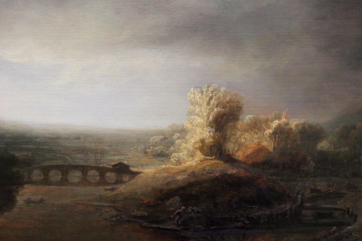 長いアーチ型の橋のあるベルリンの風景 作： レンブラント・ファン・レイン