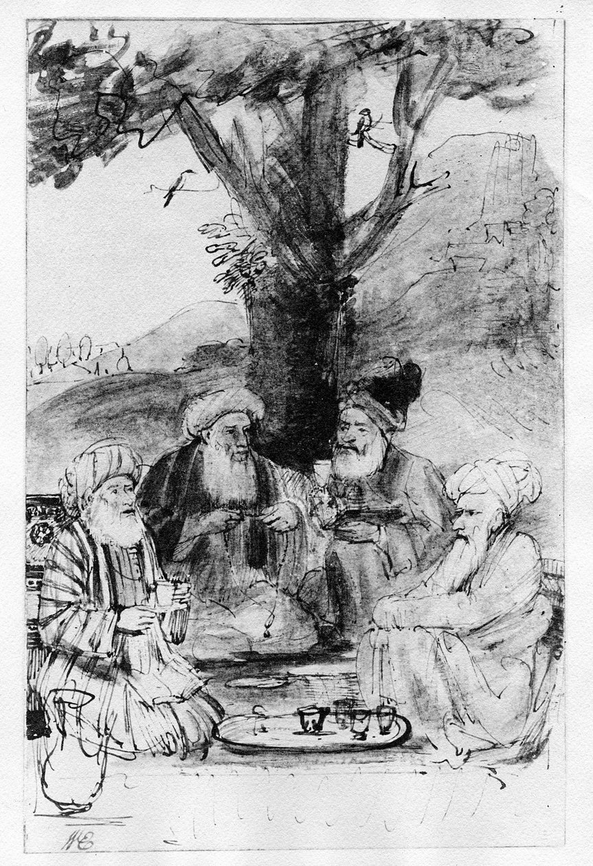 木の下に座っている4人の東洋人、1659年頃（ペン、インク、紙の上で洗う） 作： レンブラント・ファン・レイン