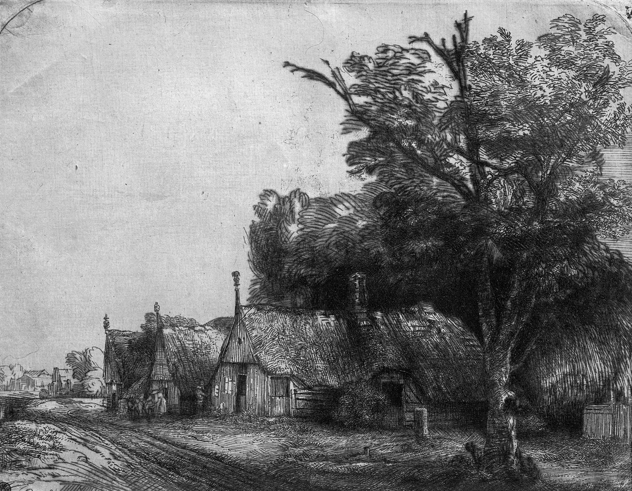 3つのコテージのある風景、1650年 作： レンブラント・ファン・レイン