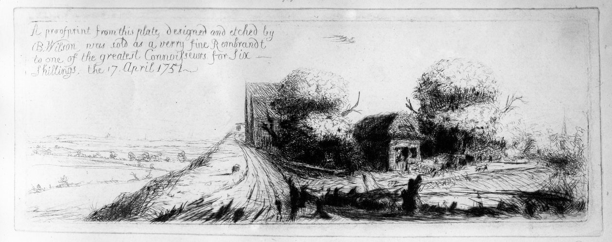 ベンジャミンウィルソンが描いた1751年の田舎道とコテージのある風景 作： レンブラント・ファン・レイン