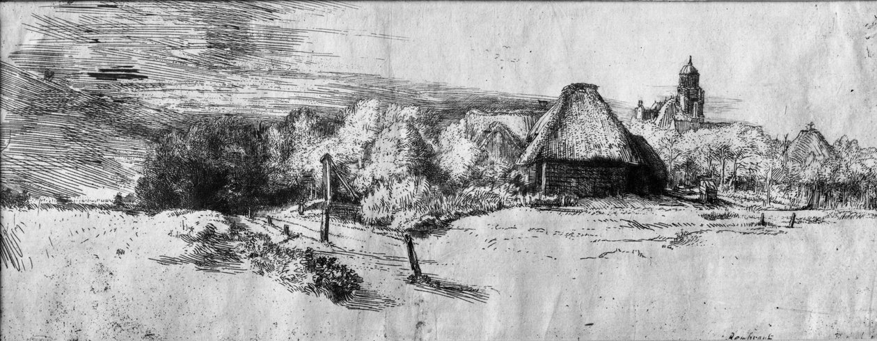 塔のある大きな風景、1650年頃 作： レンブラント・ファン・レイン
