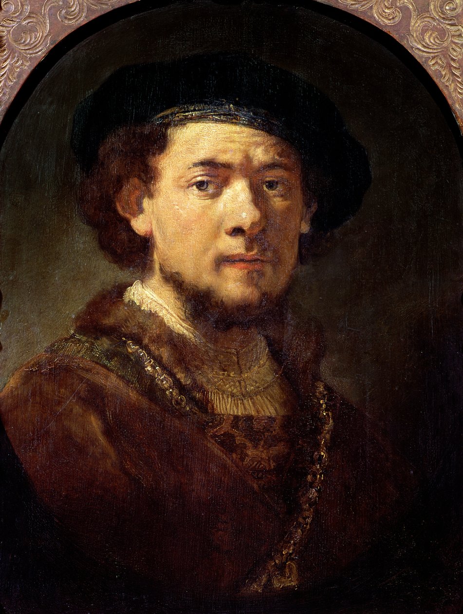 金の鎖を持つ男の肖像、またはひげのある自画像、1634-36 作： レンブラント・ファン・レイン