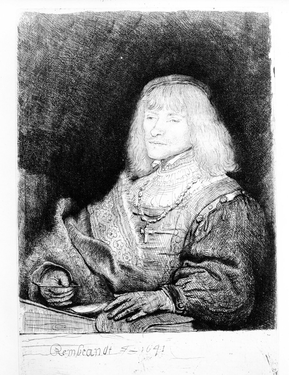 机に立った男の肖像、1641年 作： レンブラント・ファン・レイン
