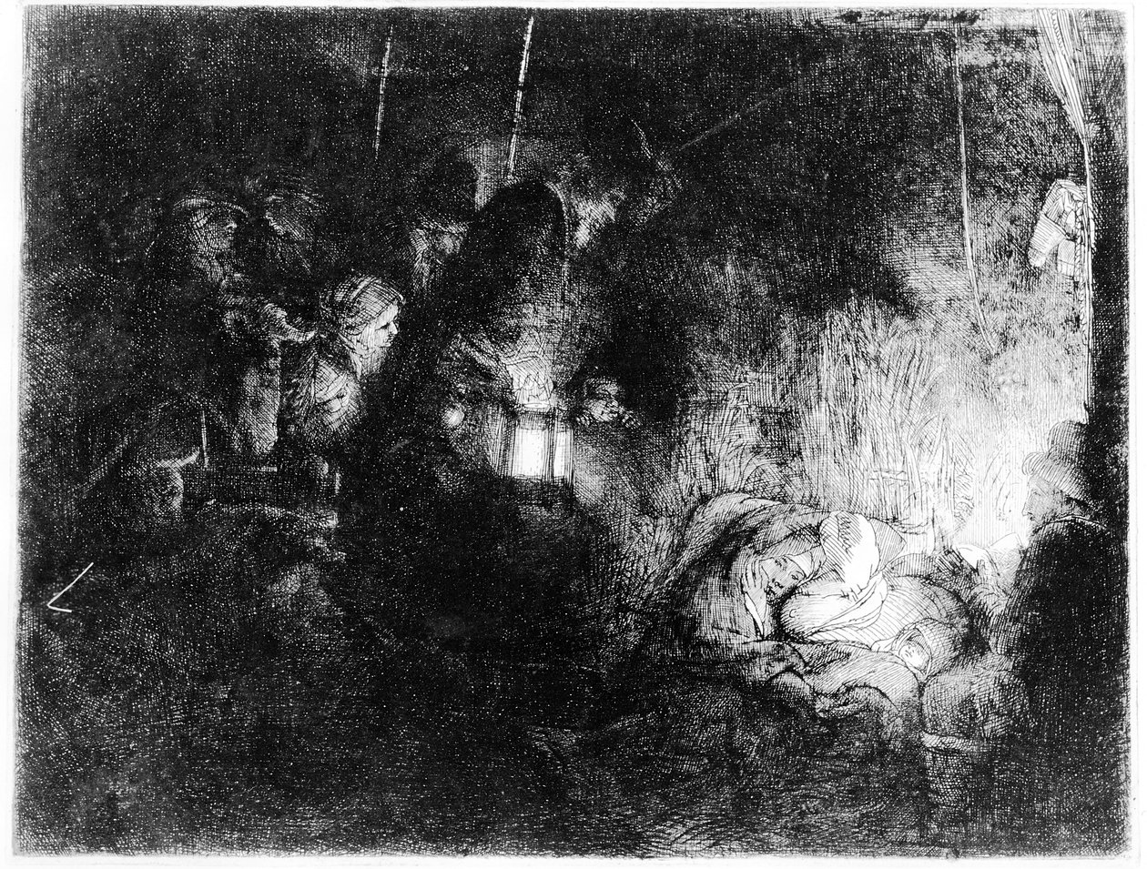 羊飼いの礼拝、1652年（エッチング） 作： レンブラント・ファン・レイン