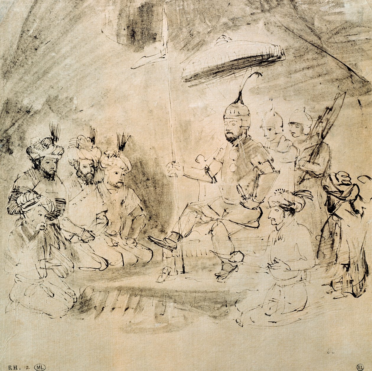 インドのミニチュアの後の彼の玉座にあるティムール皇帝（1336-1405） 作： レンブラント・ファン・レイン