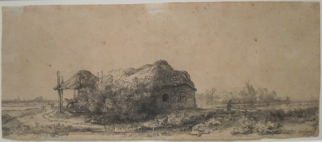 レンブラント作「コテージとヘイバムのある風景」1641年、エッチング、ドライポイント、ホノルル美術館蔵 作： レンブラント