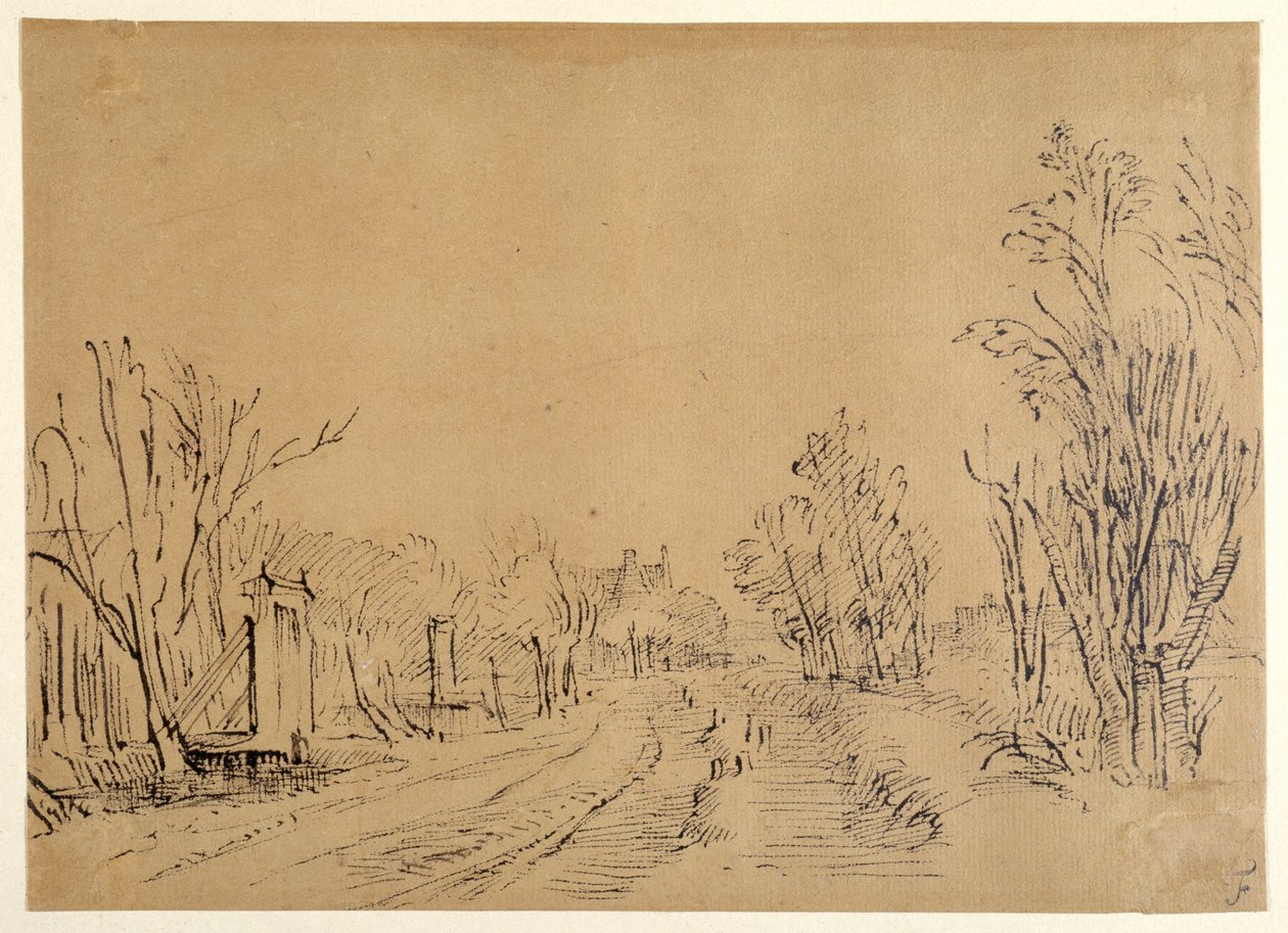 木々の間を抜けて家に向かう幹線道路（2つの橋とダイクへのゲートアクセス）（茶色の紙にペン＆インク 作： レンブラント・ハルメンシュ。ファン・レイン