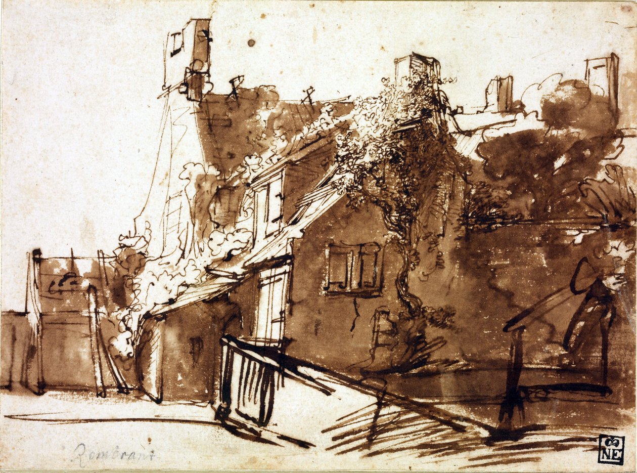 日光の農家 - Rembrandt van Rhijn (1606-1669) - 1635-1636 - 紙にペン、ブラシ、茶色 - 16.4x22.3 cm - Szepmuveszeti Muzeum、ブダペスト 作： レンブラント・ハルメンシュ。ファン・レイン