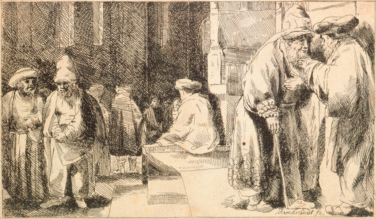 "Juifs a la synagogue" (シナゴーグの中のユダヤ人) Engraving de Rembrandt van Rhijn (1606-1669) - 1648 Dim 7,6x13 cm Jewish Museum, New York 作： レンブラント・ファン・レイン