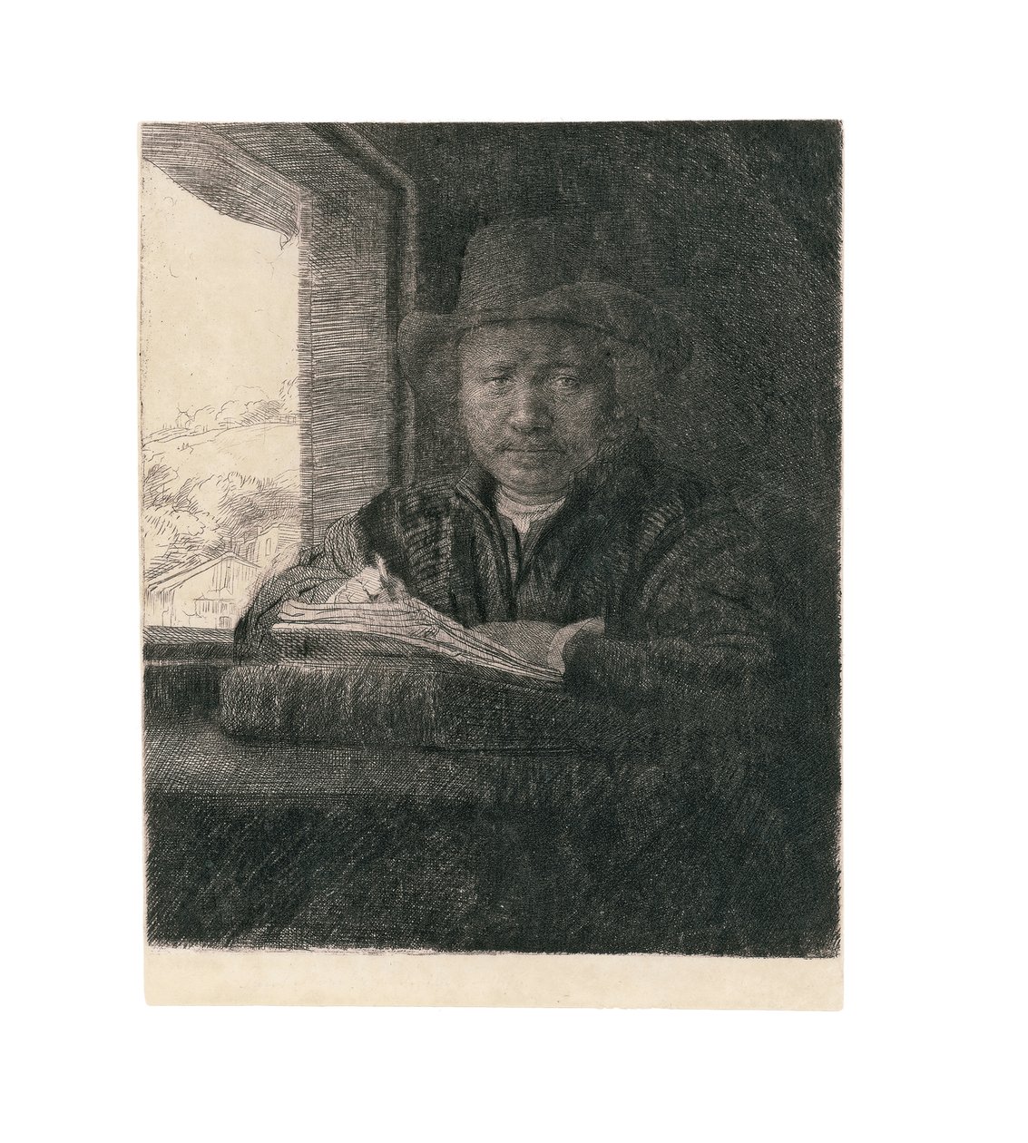 窓際の自画像の描画、1648 作： レンブラント・ファン・レイン