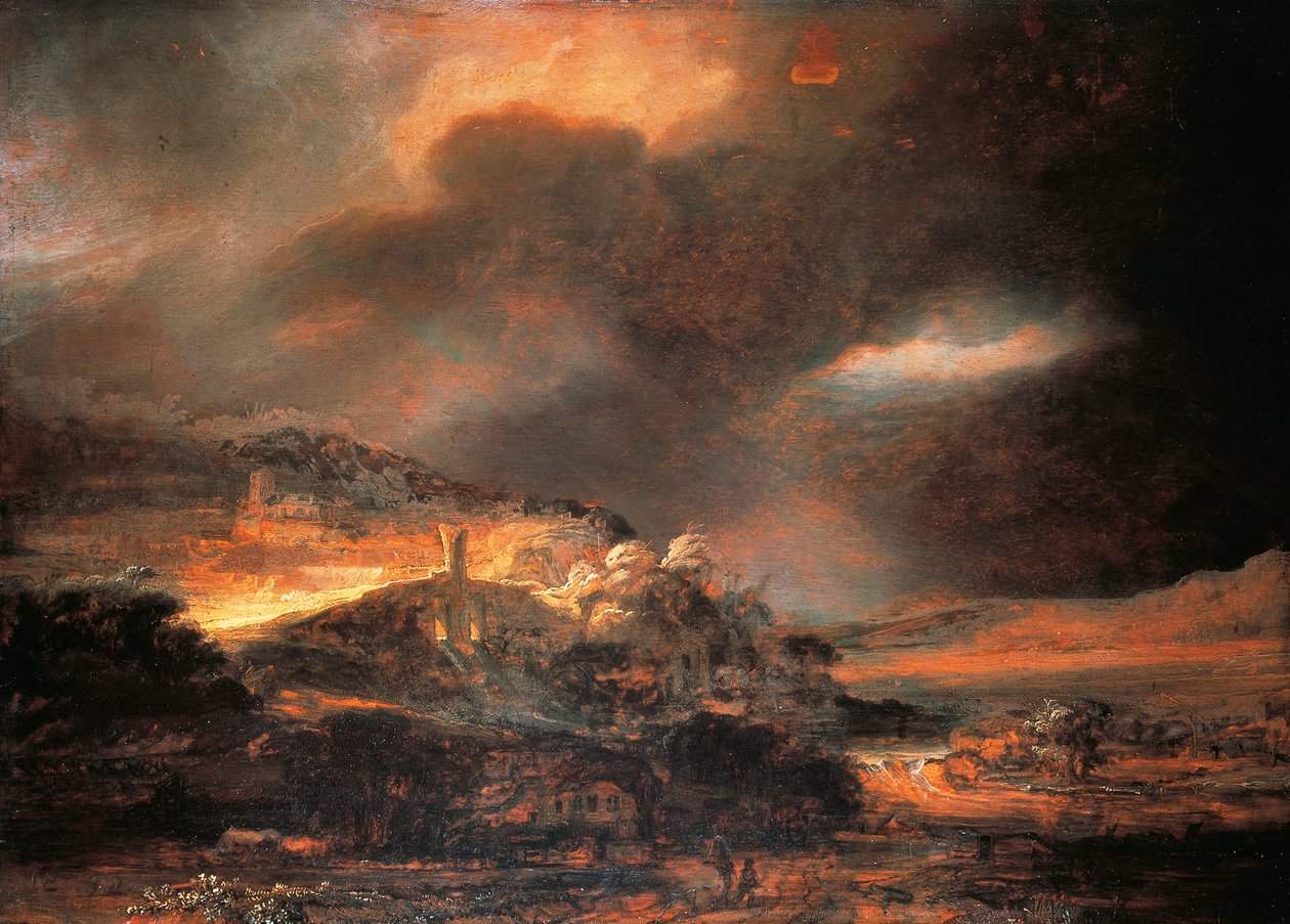 嵐の風景」1637/38年頃（パネルに油彩 作： レンブラント・ハルメンシュ。ファン・レイン