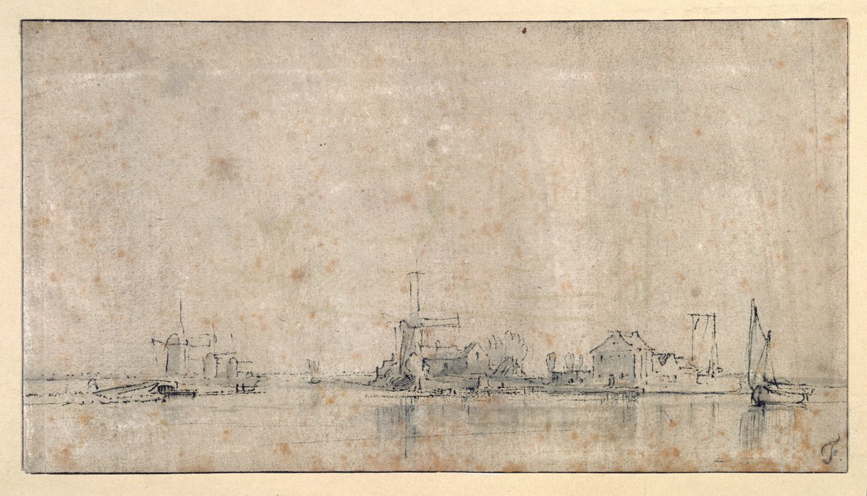 オムバルのアムステル川 1650-53年頃 （紙にペン、インク、ウォッシュ 作： レンブラント・ハルメンシュ。ファン・レイン
