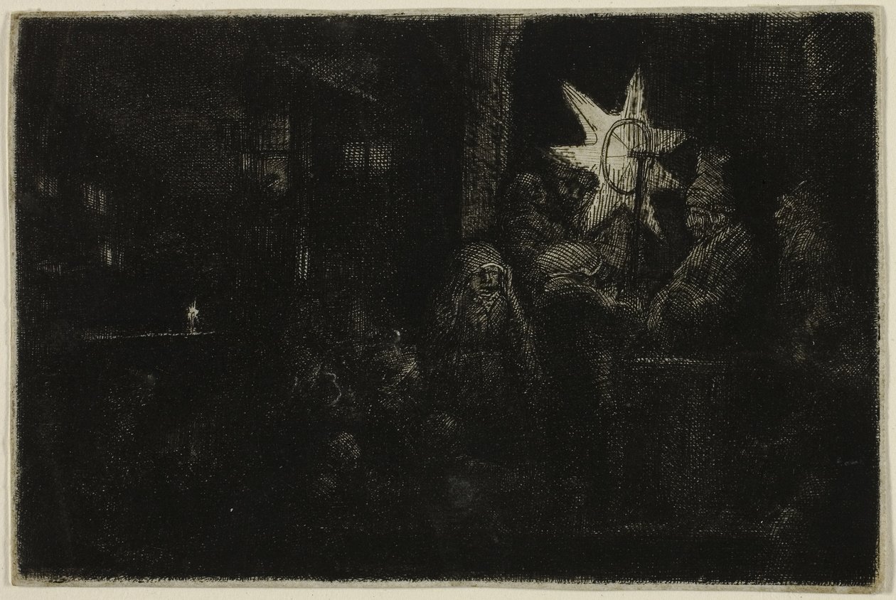 The Star of the Kings: A Night Piece, c.1651 (gravura, ponta seca e gravura em papel marfim) 作： レンブラント・ハルメンシュ。ファン・レイン
