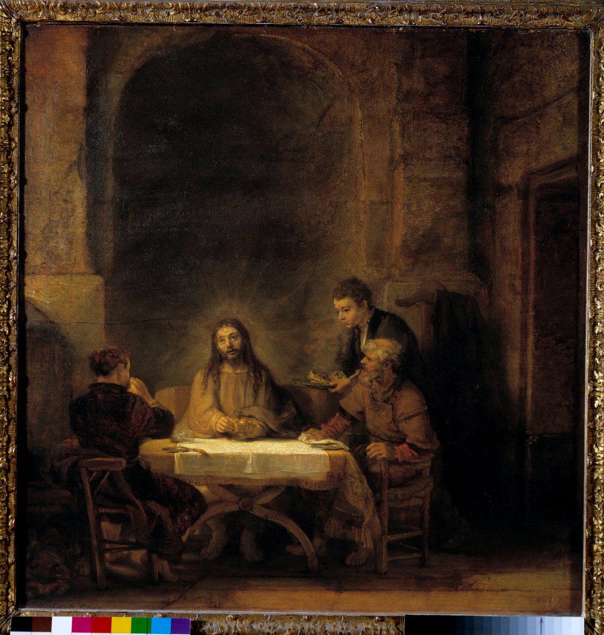 Die Pilger von Emmaus. Christus erscheint den Pilgern, die an einem Tisch in einem Gasthaus in Emmaus sitzen. Gemälde von Harmensz van Rijn genannt Rembrandt (1606-1669) 1648. Pilger in Emmaus auch genannt das Abendmahl in Emmaus. Christus erscheint den Pi von Rembrandt van Rijn