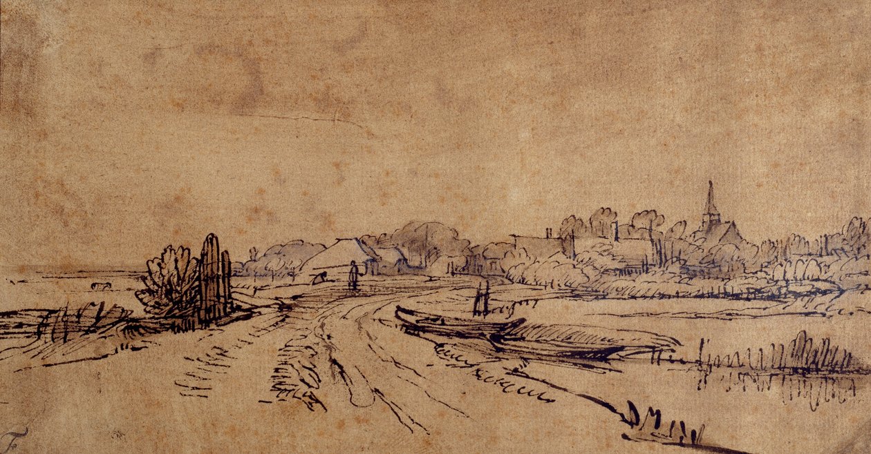 スロテンの眺め」1650年頃（紙にペンとインク、茶色の水彩画 作： レンブラント・ハルメンシュ。ファン・レイン