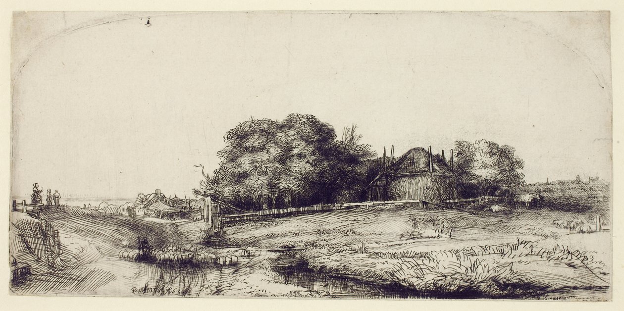 ヘイバーンと羊の群れのいる風景、1652年頃（紙にドライポイントとドライポイントをエッチング） 作： レンブラント・ファン・レイン