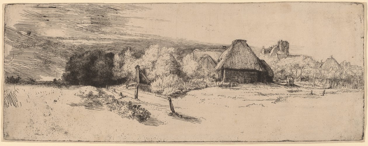 木、農場の建物、塔のある風景、c。 1651年。 作： レンブラント・ファン・レイン