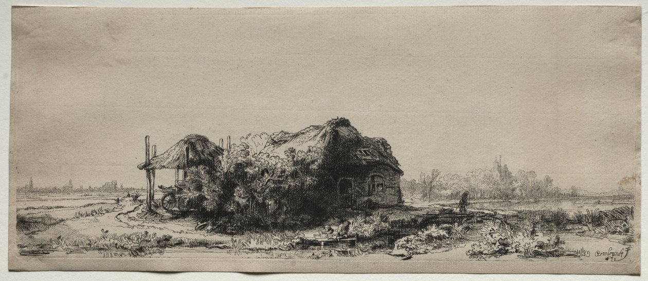 コテージと干し草の納屋のある風景：長方形、1641年。 作： レンブラント・ファン・レイン