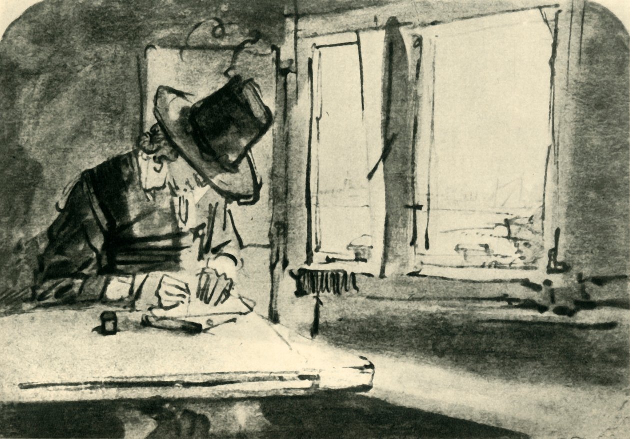 17世紀半ば、1943年に窓辺で絵を描く男。 作： レンブラント・ファン・レイン