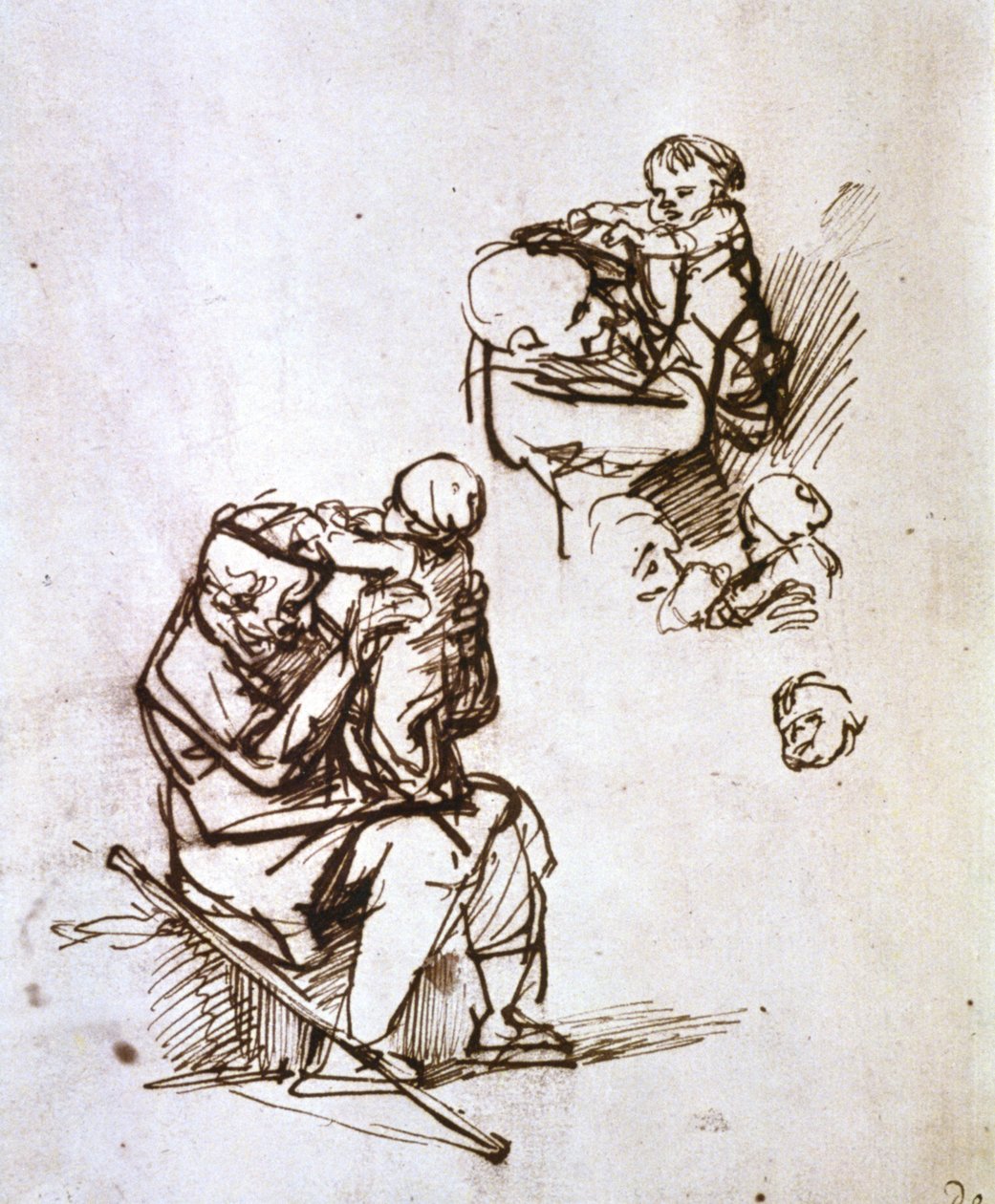 子供と遊ぶ老人、1635-1640 作： レンブラント・ファン・レイン