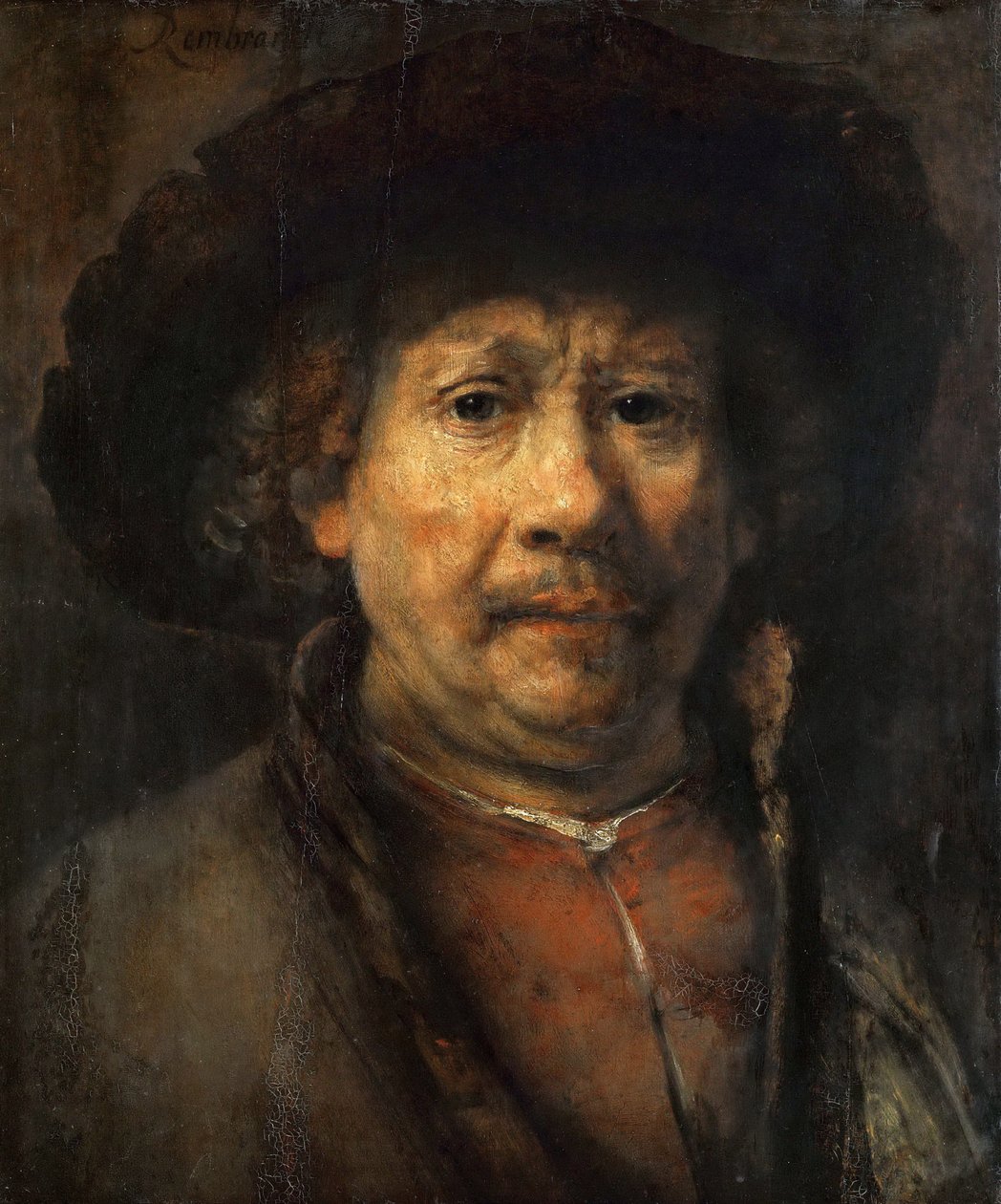 レンブラント・ファン・レイン（1606-1669）の「Petit autoportrait - Small Self-Portrait」。木に油彩、1657年頃。寸法：48x40,6cm美術史博物館、ヴィエンヌ 作： レンブラント・ファン・レイン