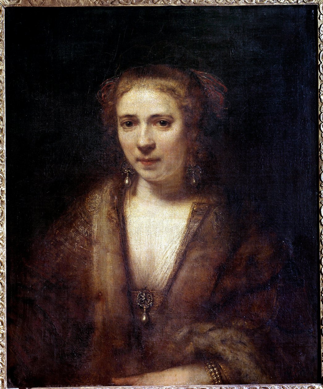 画家の仲間であるベルベットのベレー帽をかぶったHendrickje Stoffels（1625-1663）の肖像 ハーメンス・ファン・レインの絵画 レンブラント（1606-1669） 17世紀 日。0.61×0.74m 作： レンブラント・ファン・レイン
