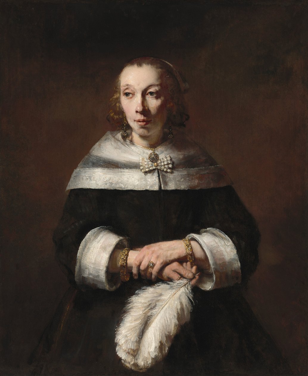 ダチョウの羽の扇を持つ女性の肖像、c. 16561658。 作： レンブラント・ファン・レイン