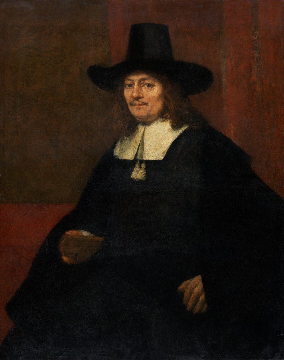 背の高い帽子をかぶった男の肖像、c。 1663年。 作： レンブラント・ファン・レイン