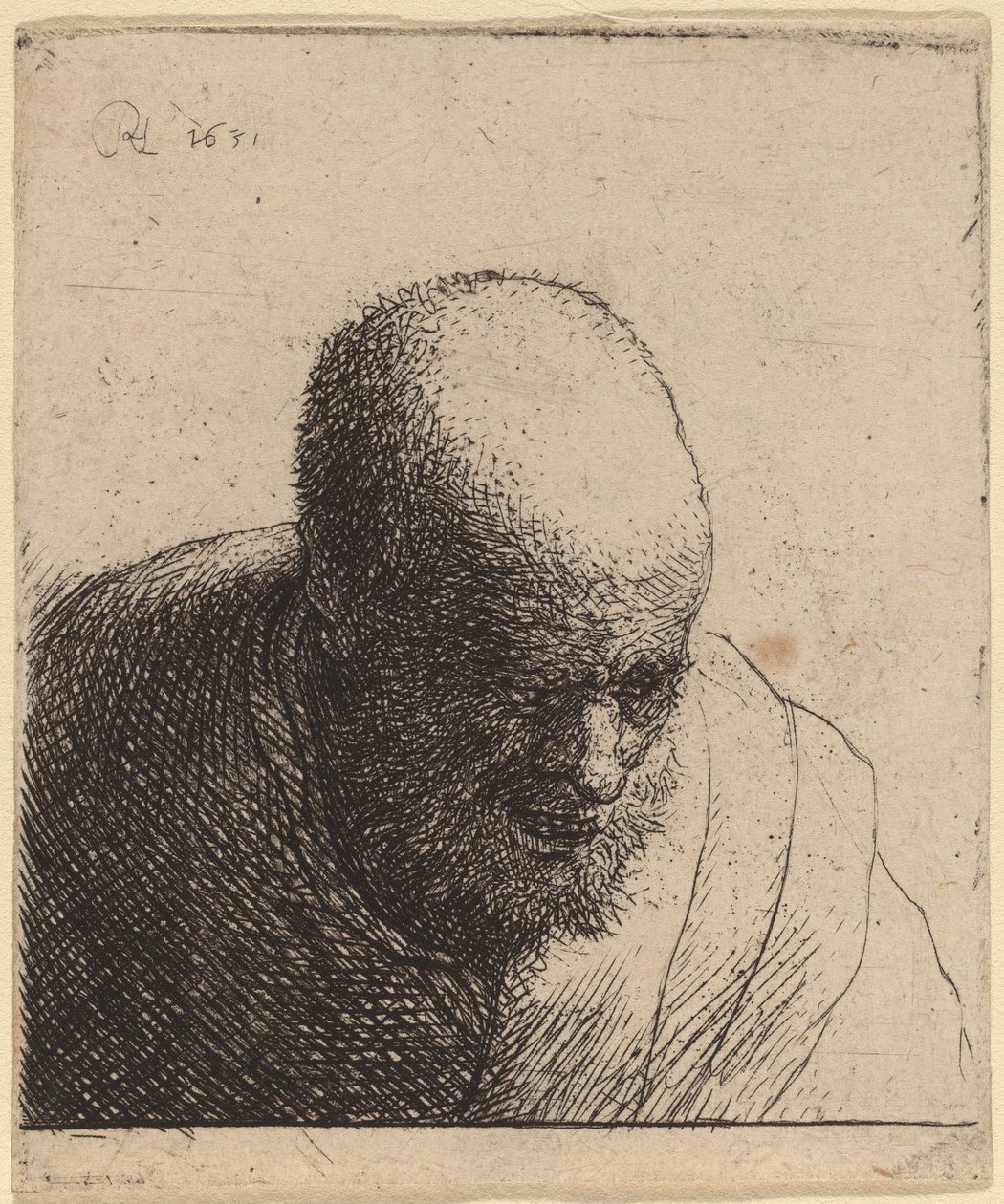 ハゲ男, ∥で∥, 開いた口, 見ること 作： Rembrandt vanRijnとStudioof Rembrandt