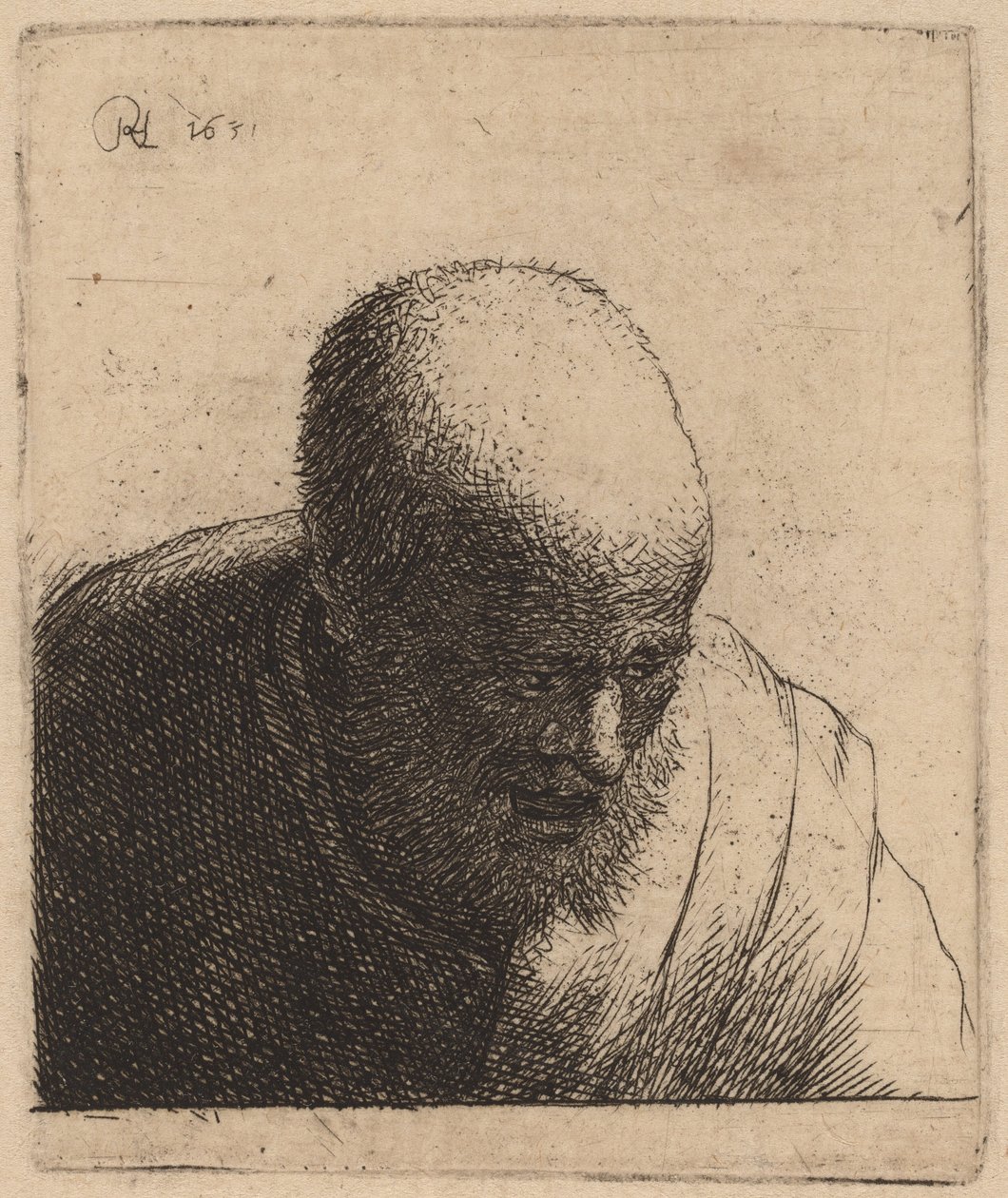 ハゲ男, ∥で∥, 開いた口, 見ること 作： Rembrandt vanRijnとStudioof Rembrandt