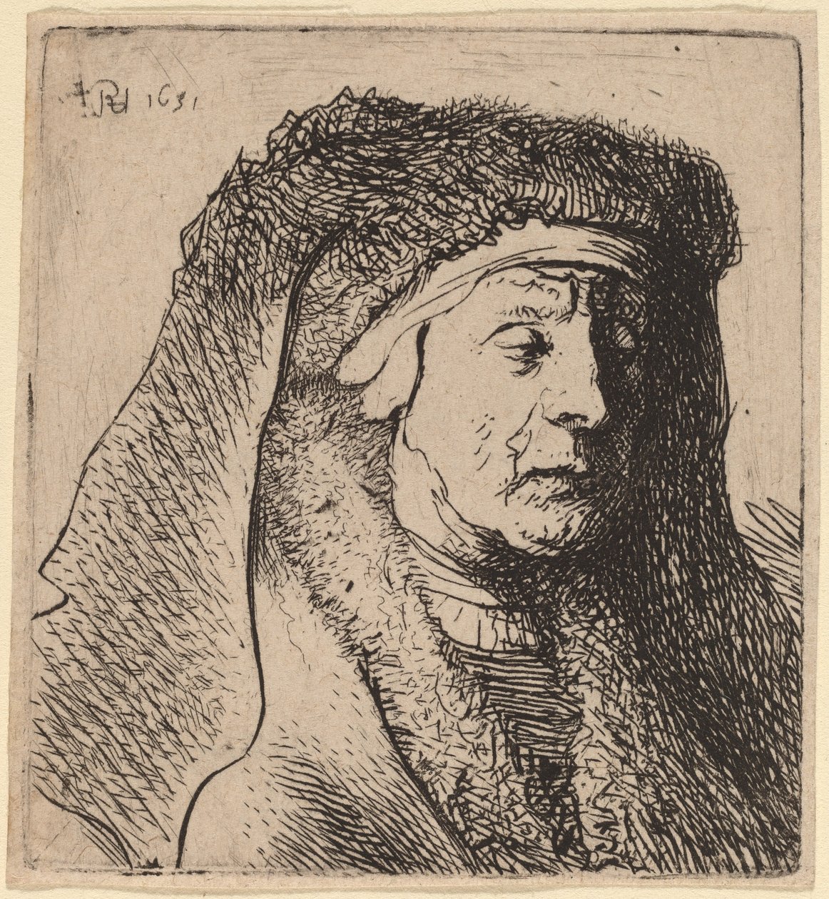 毛皮のマントと重い頭飾りの老婆の胸像 作： Rembrandt vanRijnとStudioof Rembrandt