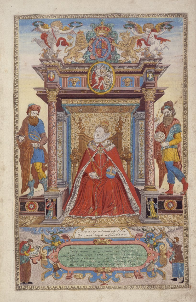 イングランドとウェールズのアトラスからのフロントピース、クリストファー・サクストン（b.1542）1590（手描きの彫刻） 作： レミギウス・ホーゲンバーグ