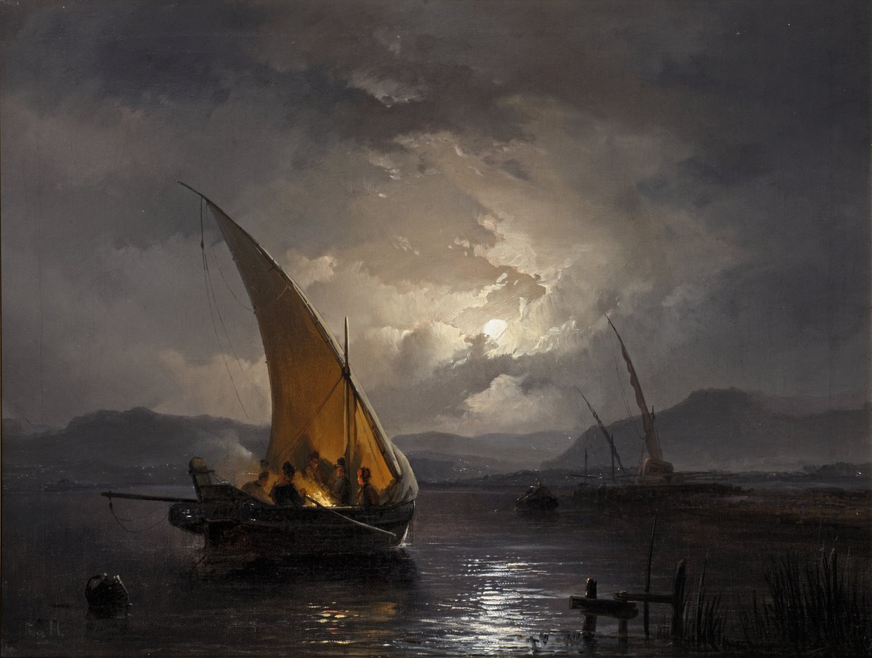 1860年以降、火が灯されている帆船のある夜の風景（帆布に油彩） 作： レミギウス・ファン・ハーネン