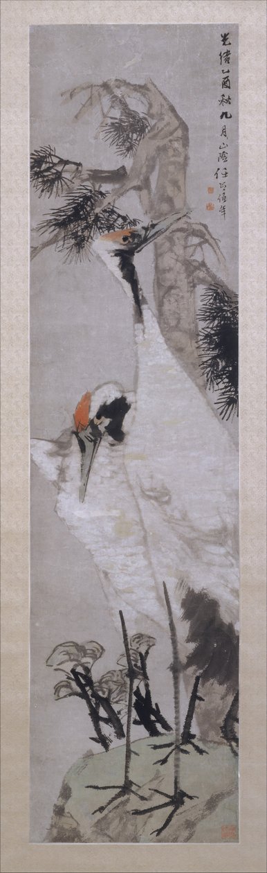ツル、マツ、地衣、1885 年。 作： レン・イー