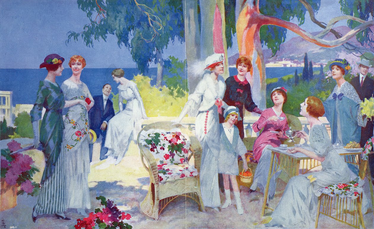 フレンチリビエラの庭園でのティーパーティー、1913年3月の「La Vie Heureuse」のイラスト 作： ルネ・レロング