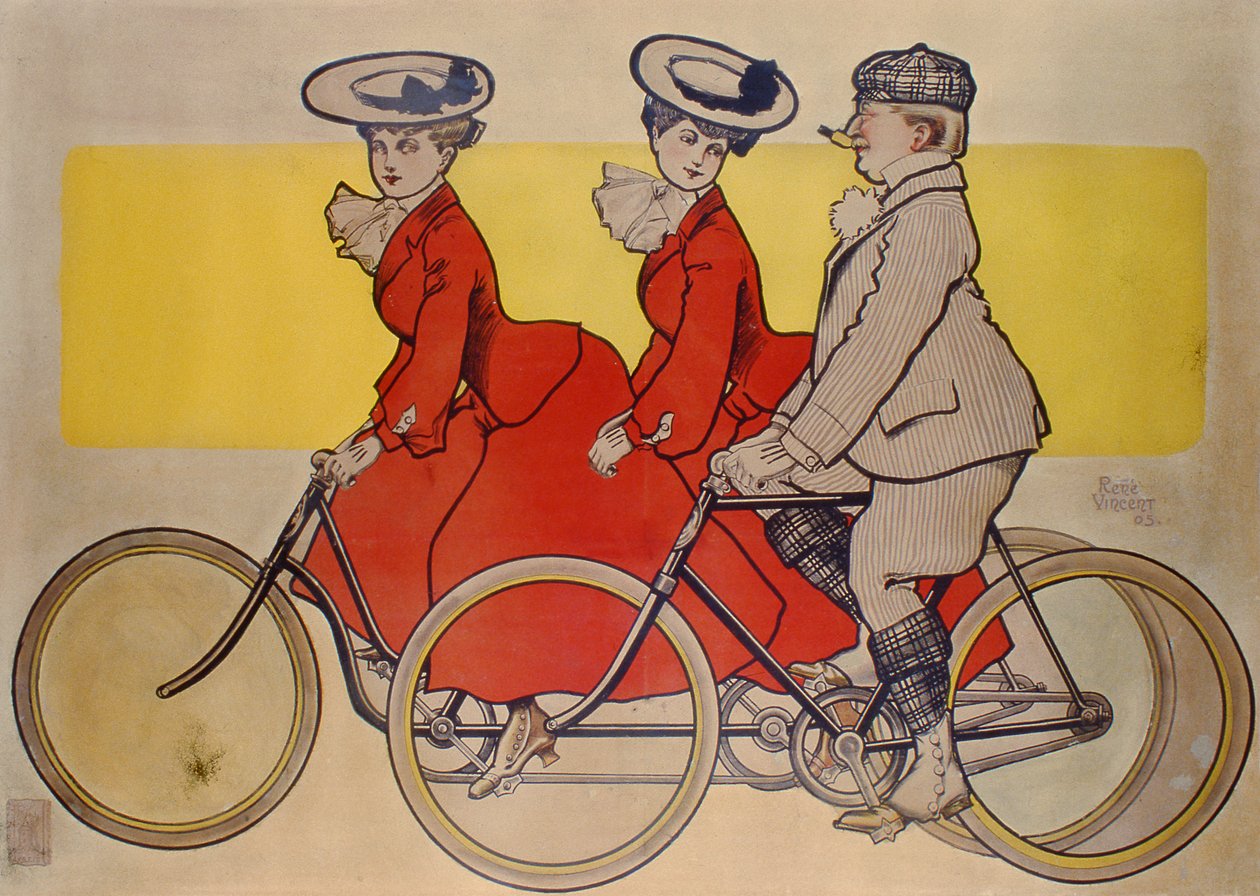 自転車に乗る男性とタンデムに乗る女性、1905年（カラー彫刻） 作： ルネ・ビンセント