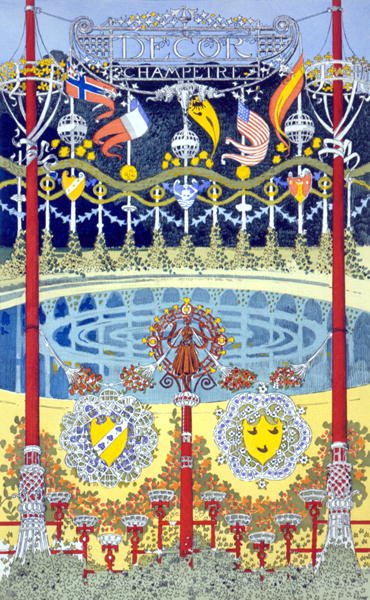 祝祭的な装飾が施されたプールを描いたグラフィックデザイン「Decor Champetre 作： ルネビネット