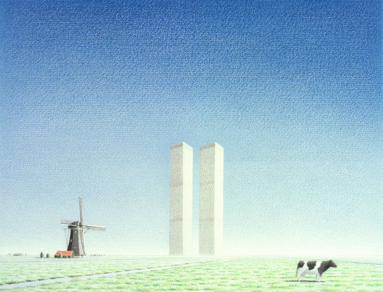 ツインタワー、2001年、紙に色鉛筆画 作： ルネ・ボアン